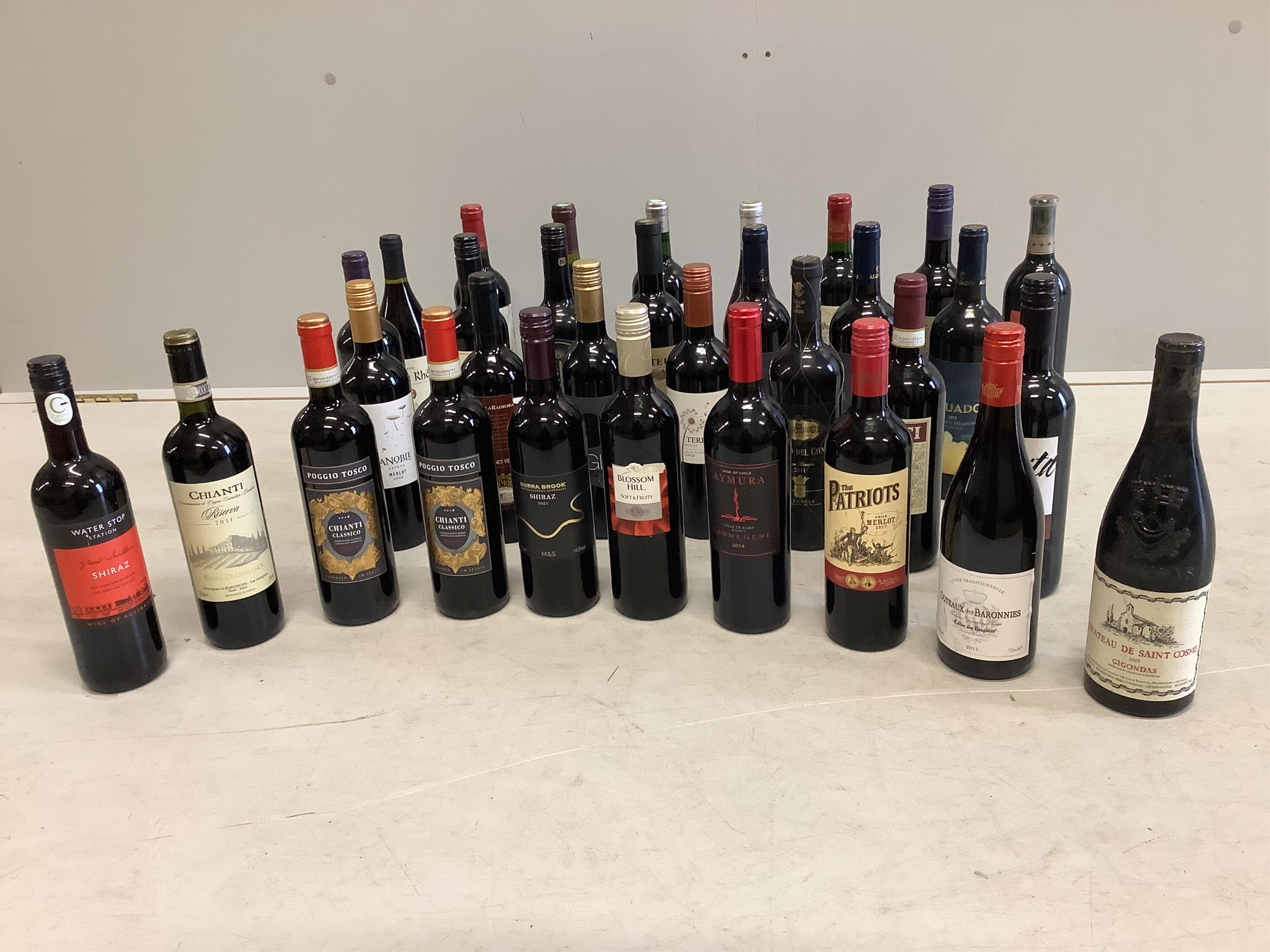 Thirty-two bottles of red wine. Condition - fair